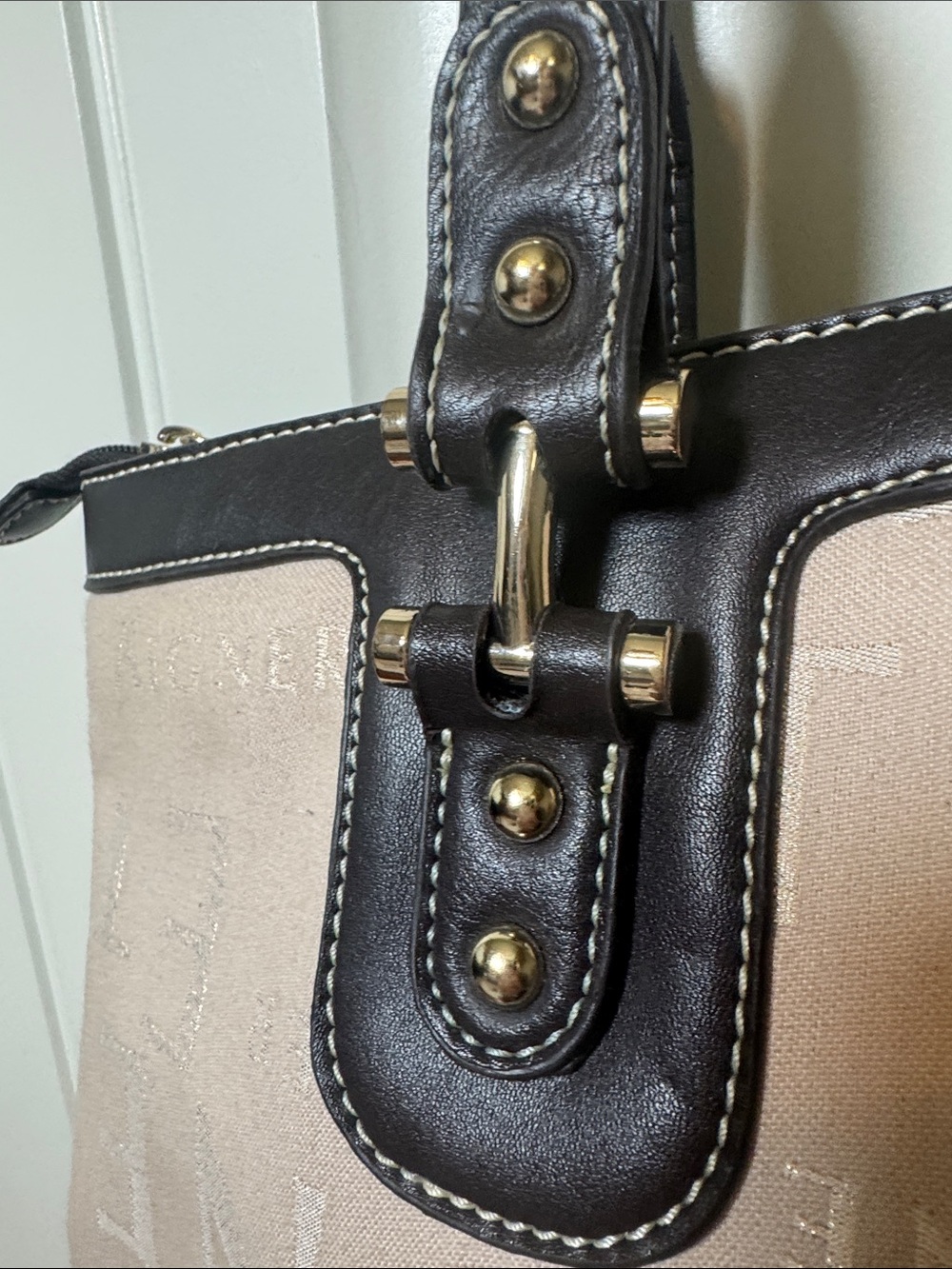 Etienne Aigner Beige Canvas Tote bag purse with Dark Brown leather Trim/gold - Picture 10 of 11